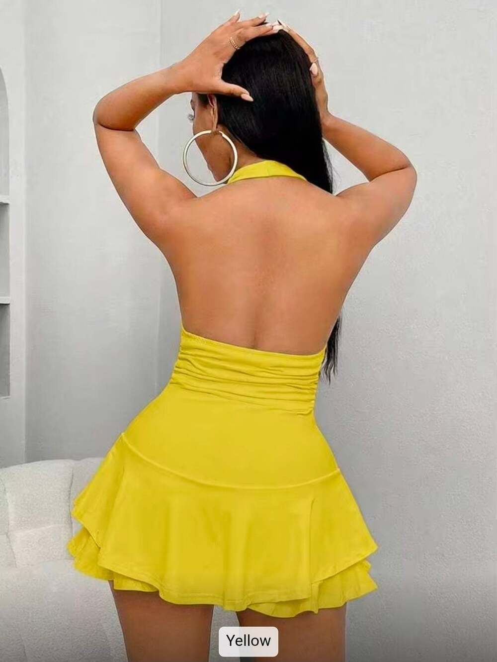 SHEIN Halter Romper Size M Yellow Ruffle V-Neck Backless - Picture 2 of 7